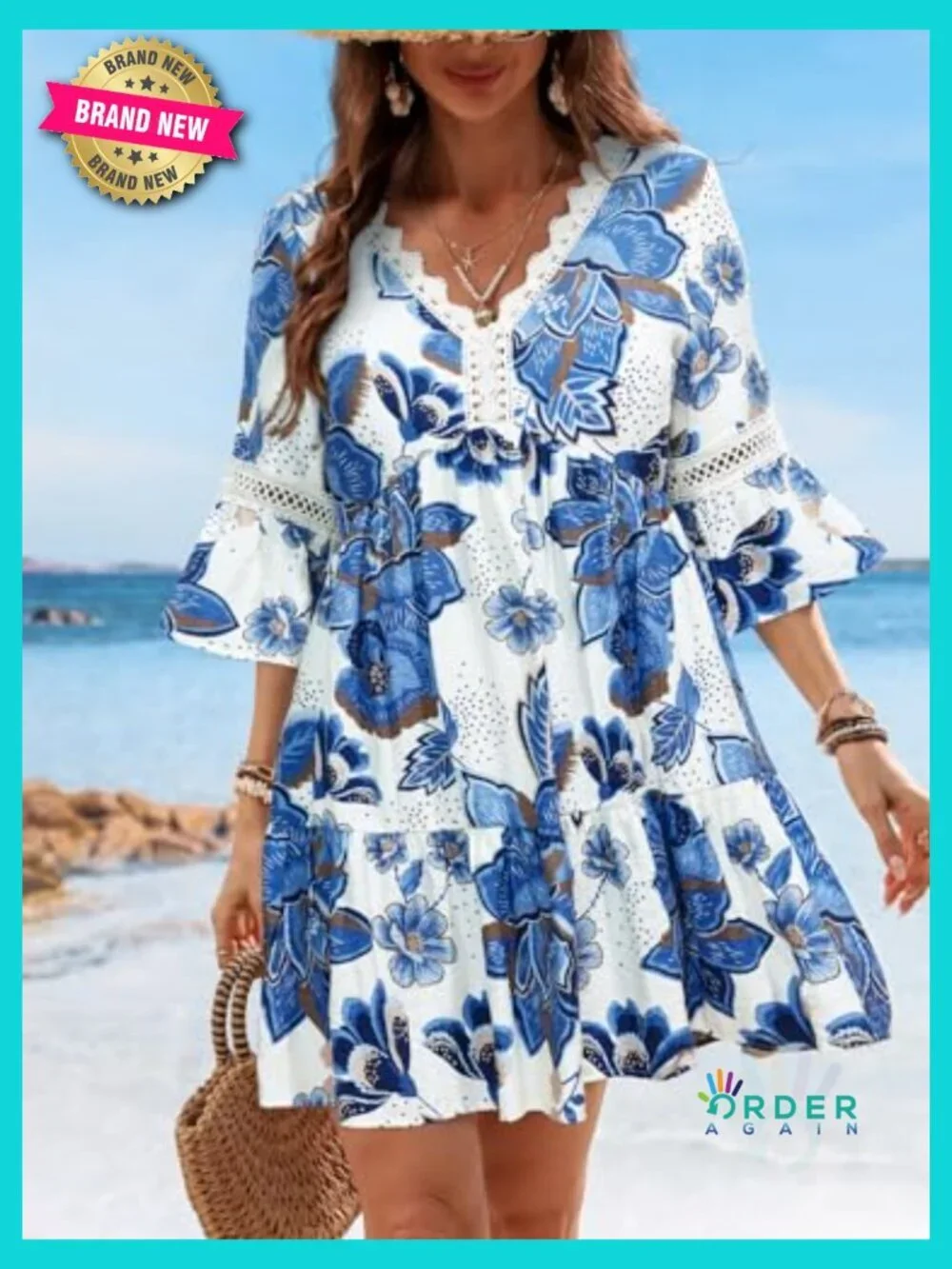 V Neck Lace Trim Mini Summer Dress Cover Up 3/4 Sleeve Ruffled Cuff Casual